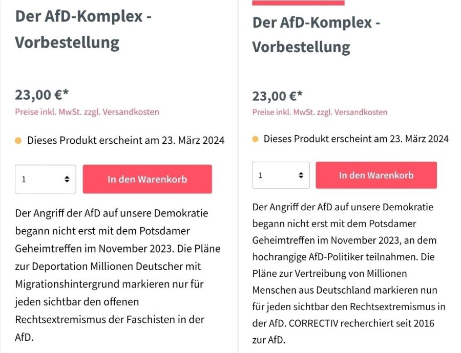 Einmal mit, einmal ohne „Deportation“. Die alte (links) und die neue „Correctiv“-Buchankündigung.