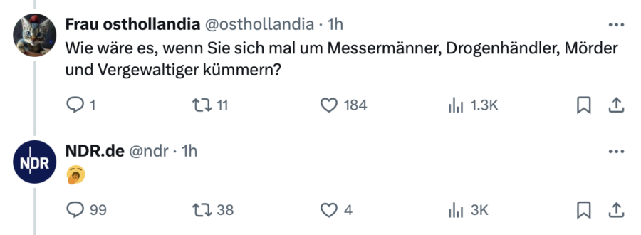 Die Reaktion des NDRs auf die Frage: „Wie wäre es, wenn Sie sich mal um Messermänner, Drogenhändler, Mörder und Vergewaltiger kümmern?“ Foto: JF