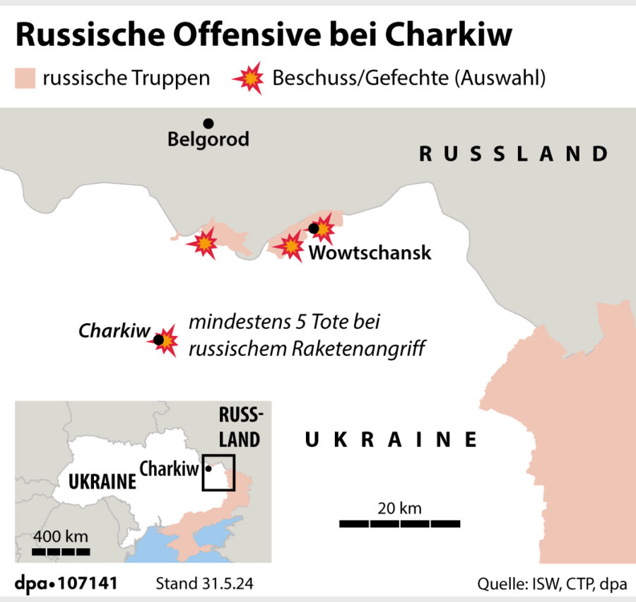 Lagebild Schlacht um Charkiw Stand 31.05.24 Grafik: picture alliance/dpa/dpa Grafik | dpa-infografik GmbH