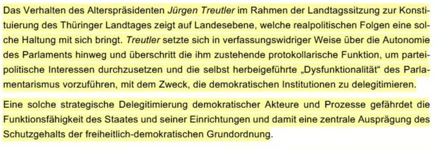 In diesem Auszug aus dem dem Rechtswissenschaftlichen Gutachten steht, daß der Thüringer Altersprsident Jürgen Treutler Verfassungsfeind sei, weil er die Geschäftsordnung des Thüringer Landtags anerkennen wollte