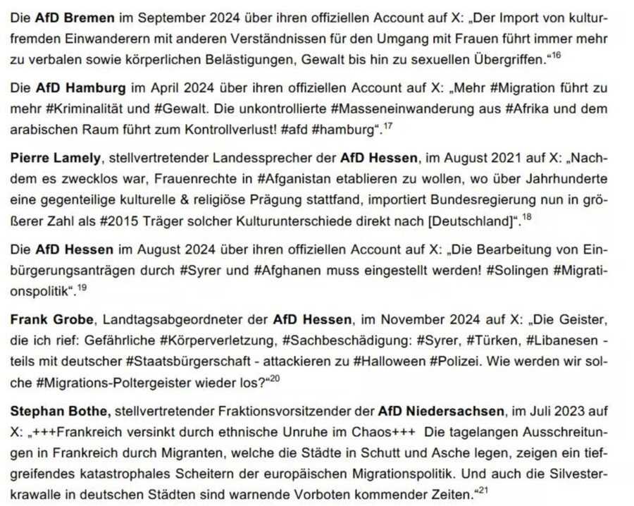 In diesem Auszug aus dem dem Rechtswissenschaftlichen Gutachten wird behauptet, daß die AfD verfassungsfeindlich sei, weil ihre Politiker anerkennen, daß Migranten überdurchschnittlich viele Straftaten begehen